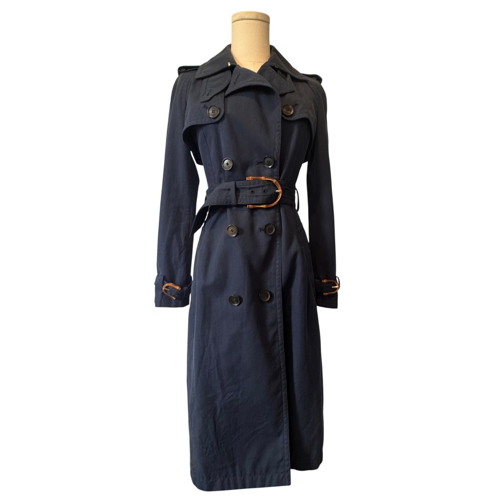 Gucci Japan 50th Anniversary Trench Coat Navy Blue Bamboo Buckle Silk Lining 36